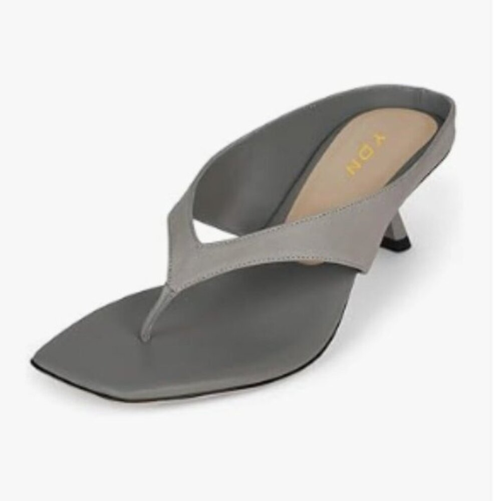 YDN Grey Casual Open Toe Flip Flops Kitten Heels Slip On Wide Thong Shoes